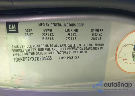 2007 Cadillac Dts V8 z USA, uszkodzony, nr VIN 1G6KD57YX7U204655